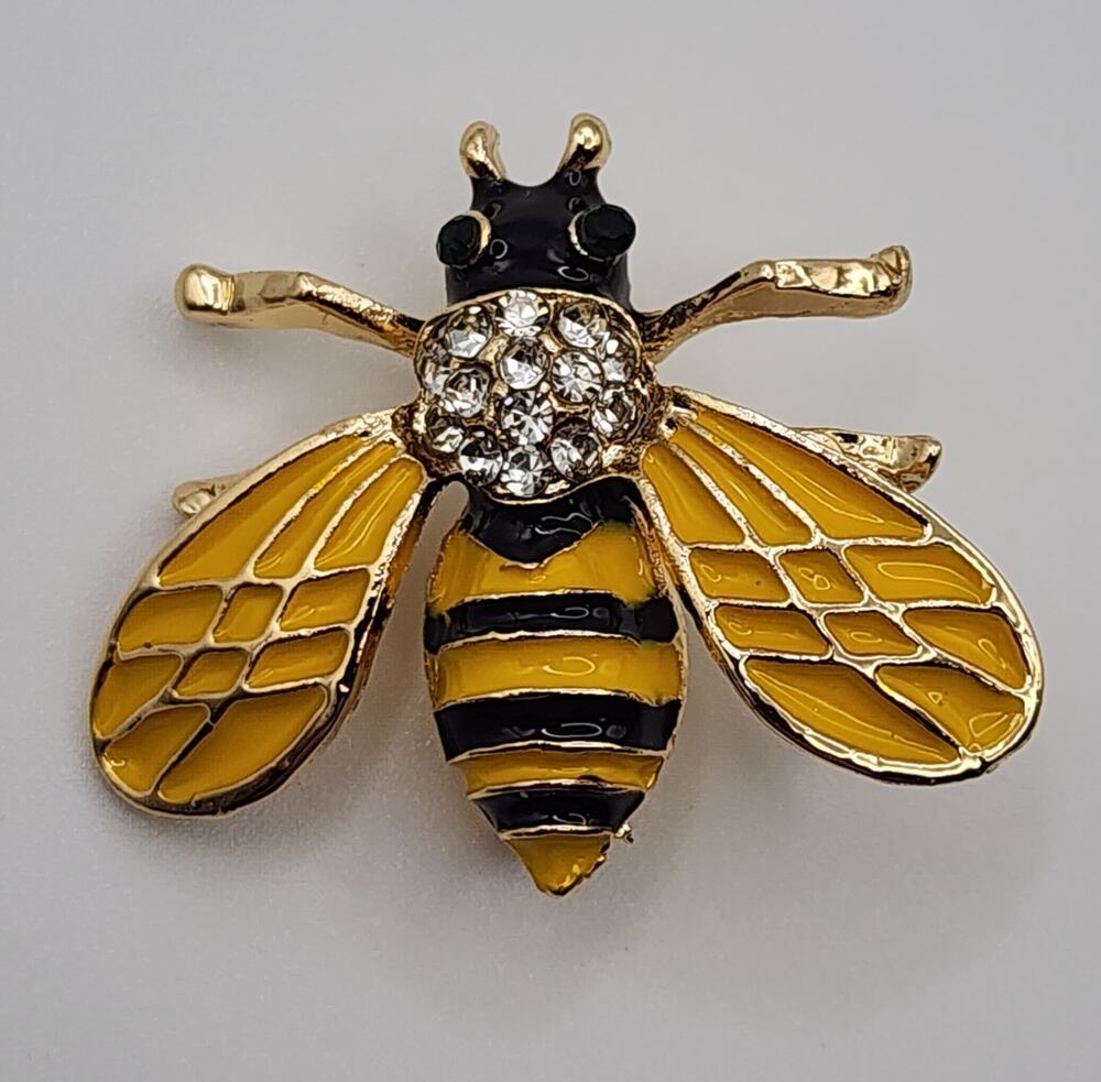 Yellow & Black Bee Brooch Rhinestone Accents Smaller Collar Pin Size